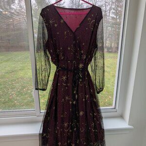 Bloomchic Red and Black Moon & Star Embroidered Mesh Dress - New without tags